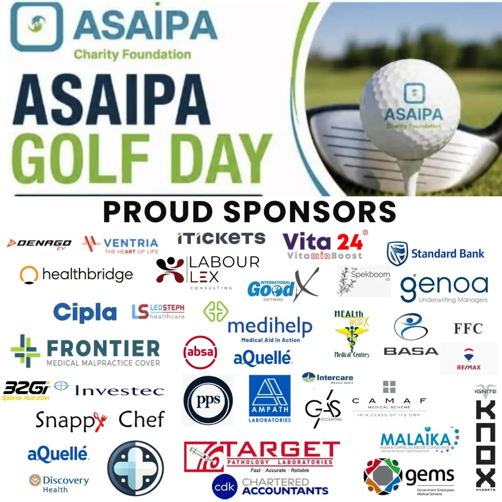 ASAIPA Charity Foundation Golf Day 2026 proud sponsors, including Standard Bank, Discovery Health, Cipla, Medihelp, GEMS, CAMAF, PPS, Investec, Absa, Ampath Laboratories, Target Pathology, Intercare, Frontier, Genoa, Healthbridge, Labour Lex, Malaika, aQuelle, RE/MAX, Ventria and others